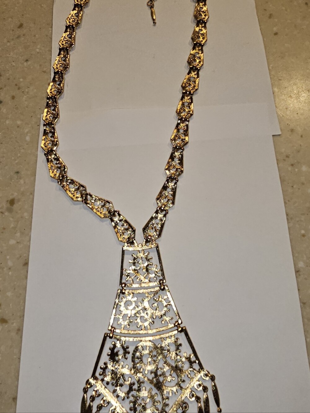 Vintage MONET Signed Gold Tone Openwork Gear Motif Bib Statement Necklace 24"
